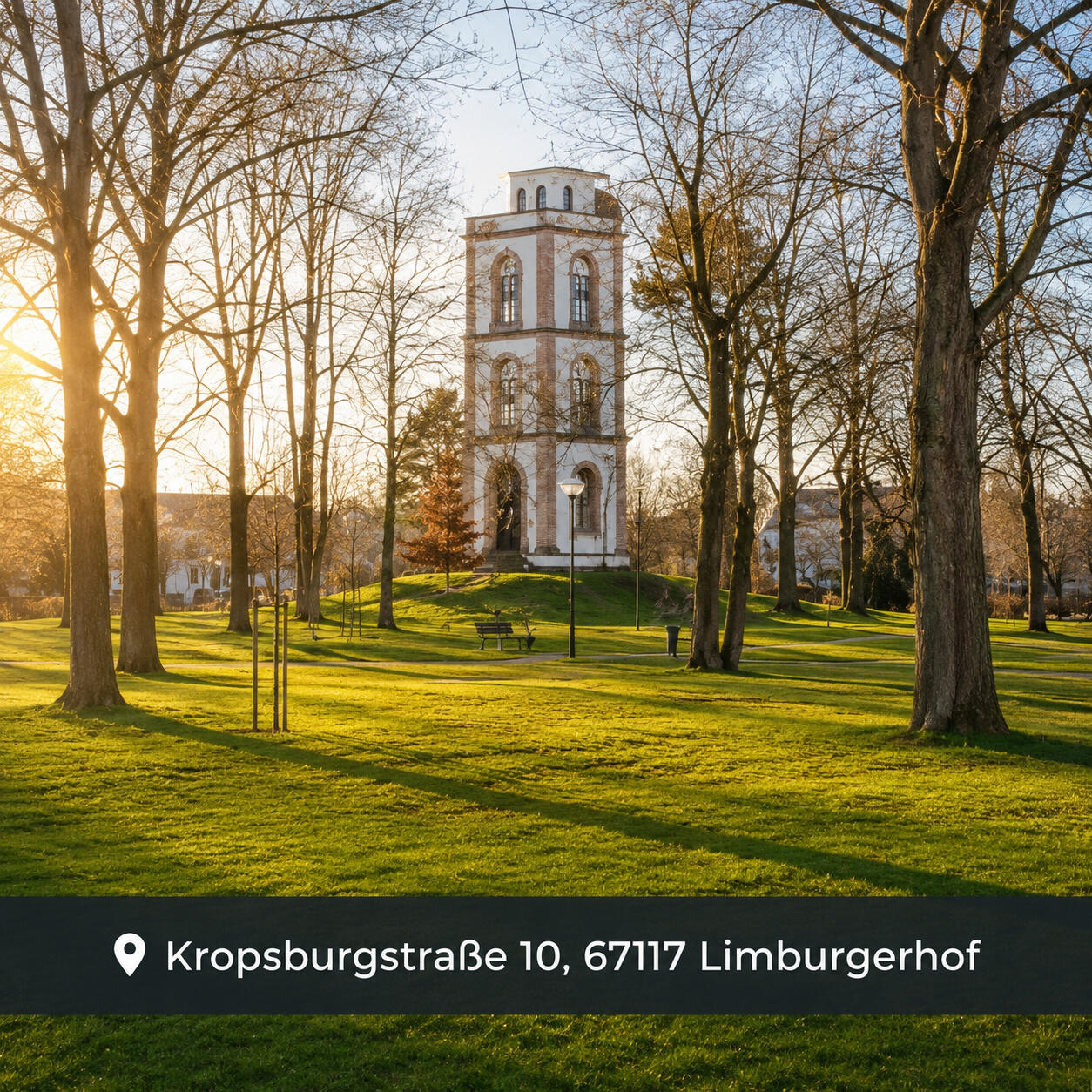 Panoramaansicht von Heidelberg mit dem Schloss, der Alten Brücke und dem Neckar im 1:1-Format, am unteren Bildrand überlagert mit der Adresse „📍 Kropsburgstraße 10, 67117 Limburgerhof“.